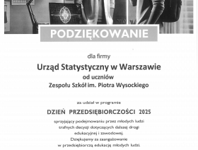 Dyplom dla Urzędu Statystycznego od jednej ze szkół